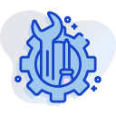 An outline icon drawing of a light blue gear with a wrench and screwdriver coming out the top