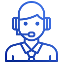 A blue drawing of a phone operator wearing a headset