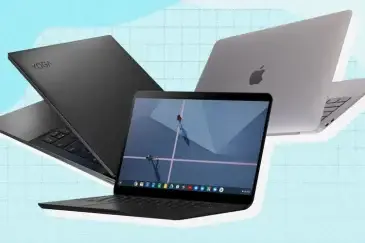 Three unique laptops- HP, Apple, and Yoga
