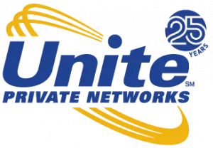 Unite Private Networks logo in blue with 25 years in the top right corner